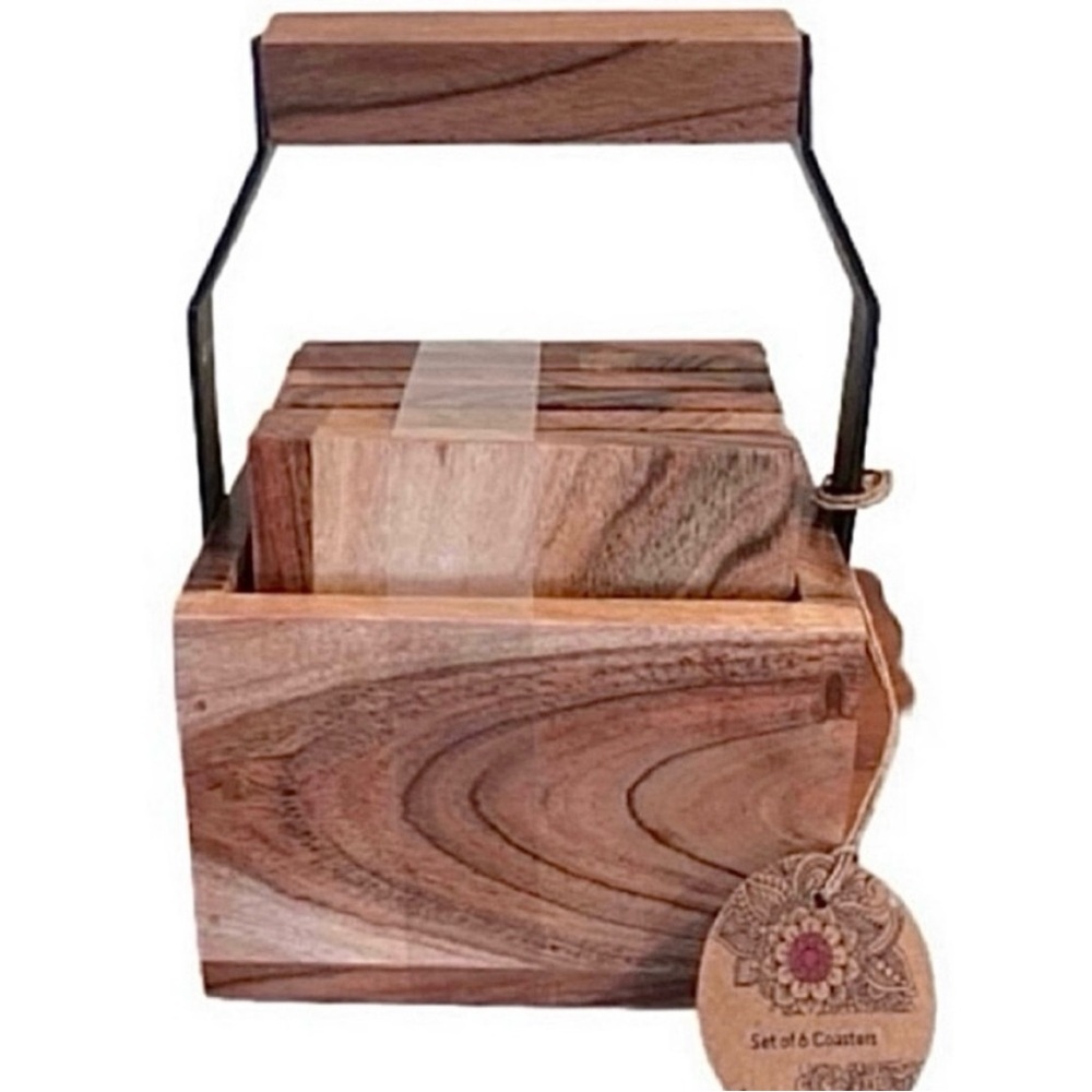 NWT- Farmhouse Wood Coaster Set with Matching Caddy. Size: 4 × 4 inch coaster